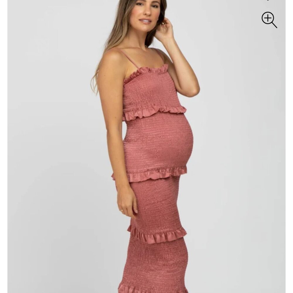 Mauve Satin Smocked Fitted Maternity Midi Dress